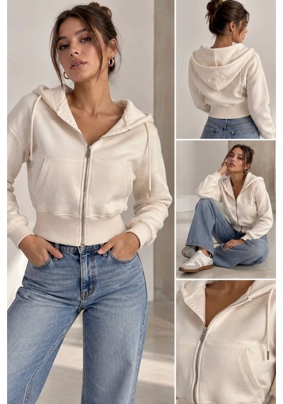 Bb Butik Basic Kapüşonlu Fermuarlı Kısa Kadın Sweatshirt Günlük Basic Model My3535 Ekru