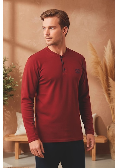 Kompedan Erkek Patlı Yaka Kareli Pamuklu Pijama Takımı Bordo Bordo