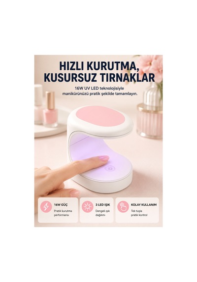 Led Mini Oje Kurutucu Taşınabilir Hızlı Kuruma Cihazı 3 Led Işıklı Yeni Nesil Siyah