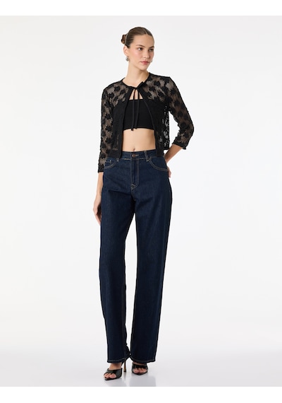 Koton Slim Fit Uzun Kollu Bisiklet Yaka Önden Bağlamalı Fiyonklu Dantel Crop Bluz Siyah 6sak80003pk
