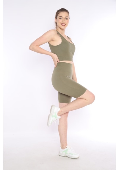 Escetic Kadın Spor, Haki Toparlayıcı, Yüksek Bel Fitnes Bra Şort-tayt Takım-4311 - Xs
