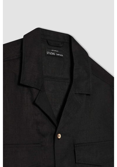 DeFacto %100 Keten Relax Fit Polo Yaka Yazlık Basic Düz Kısa Kollu Gömlek B6687AX24SPBK27