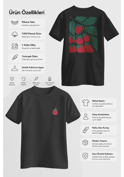 Spoyi Strawberry Tasarımlı %100 Pamuk Yarım Oversize Siyah T-shirt