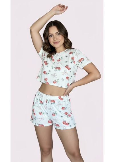 Merlot T-shirt Şort Örme Pijama Takımı Beyaz