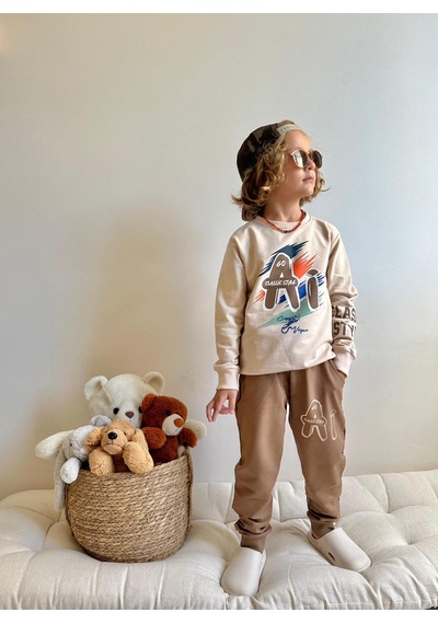 Jolly Kids Erkek Çocuk Yazı Baskılı Sweatshirt Takım Kahverengi
