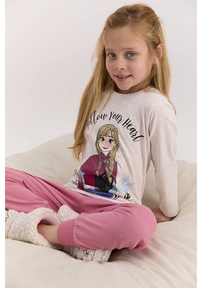 Frozen Lisanslı Follow Your Heart Kremmelanj Kız Çocuk Pijama Takımı Krem Melanj
