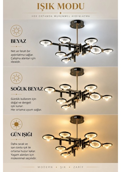 Modern Premıum Gold Siyah Led Avize 8 Kollu Luxury Salon Yemek Odası Avizesi 60w