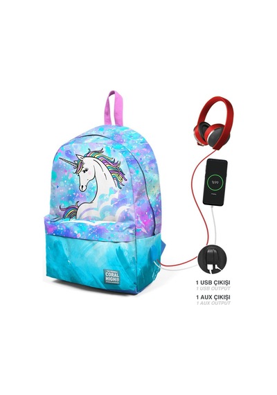 Coral High Derin Mavi Açık Pembe Unicorn Desenli İki Bölmeli USB Şarjlı Kulaklık Çıkışlı Okul Sırt Çantası 23429