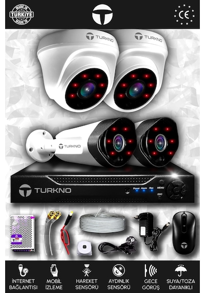 Turkno 4 Kameralı Galia 2 İç Kamera Set HDD'siz Full HD Gece Görüşlü Güvenlik Kamerası Sistemi