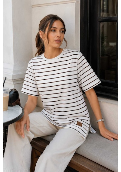 Tenra Kadın Beyaz Çizgili Oversize Kısa Kol Basic Tunik Tişört Kahverengi