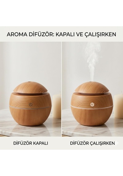Ahşap Görünümlü Küre Hava Nemlendirici, Led Rgb Işıklı, Ultrasonik Aroma Difüzör, 10 Cm Çok Renkli