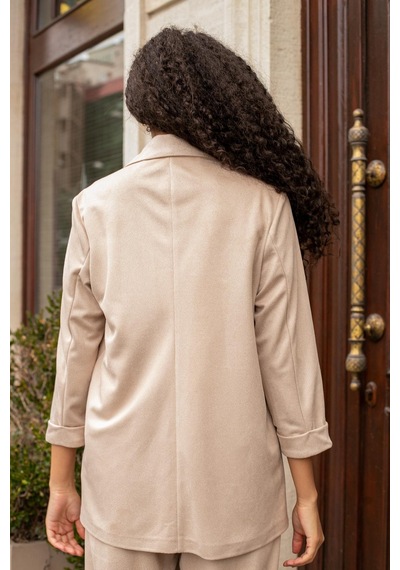 Kadın Süet Dokulu Kumaş Yakalı Capri Kol Cep Kapaklı Blazer Ceket-bej Bej