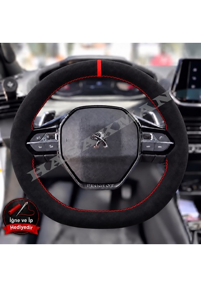 Peugeot 208 Dikme Direksiyon Kılıfı Full Alcantara Süet Kırmızı Yüzük Ve Kırmızı Dikiş 2019-2024 Siyah