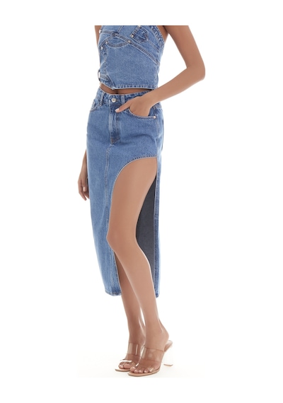 it's basic Kadın Mavi Kot Rengi Rosa Yandan Derin Yırtmaç Detaylı Uzun Denim Etek