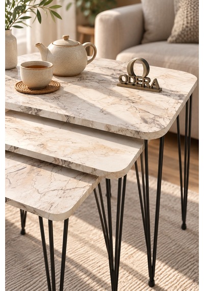 Odera Efes Ahşap Desenli Zigon Sehpa 3'lü Set Metal Tel Ayaklı Modern Retro Salon Sehpası Diğer