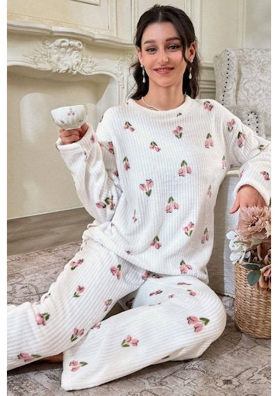 Bella Notte Çiçek Desenli Fitilli Pamuklu Uzun Pijama Takımı Kırık Beyaz