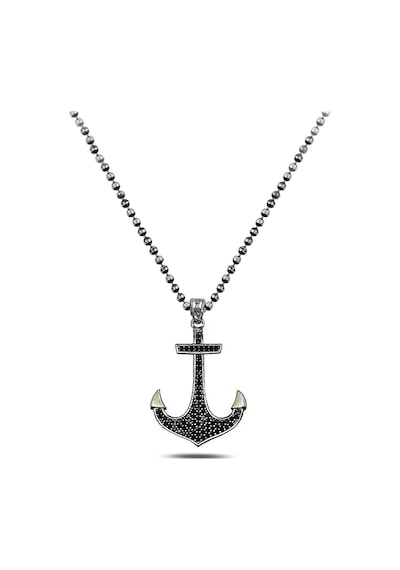 Brezza Lusso Jewelry Siyah Taşlı Çapa Model Erkek Gümüş Kolye Gümüş