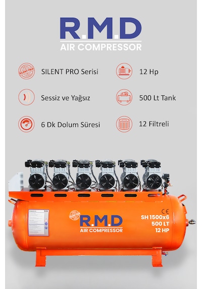 500 Lt 8 Bar 12 Hp Hava Kompresörü Sessiz Ve Yağsız