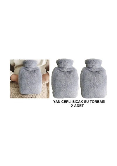 Sıcak Su Torbası 2 Adet,yan Cepli Gri Peluş Termofor 27x17x2cm 750ml Gri