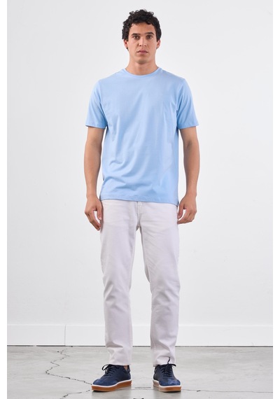 Dufy Açık Mavi Bisiklet Yaka Pamuklu Düz Renk Slim Fit Erkek T-shirt Mavi