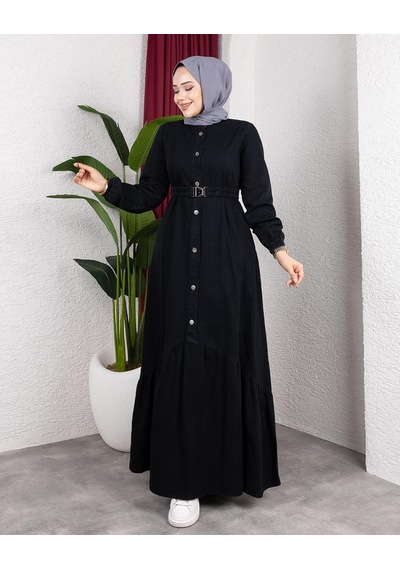 Hb Harma Time Butik Kadın Düğmeli Kuşaklı Denim Siyah Kot Elbise
