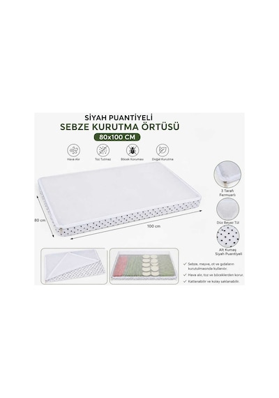 80 X 100 Siyah Puantiyeli Sebze Meyve Kurutma Örtüsü 3 Tarafı Fermuarlı Tüllü Kurutma Filesi Beyaz