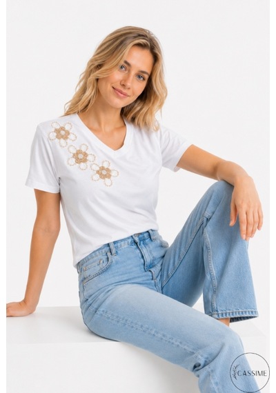 Cassime Kadın Beyaz %100 Pamuk Regular/normal Kalıp Çiçek Nakışlı Örme T-shirt Bej