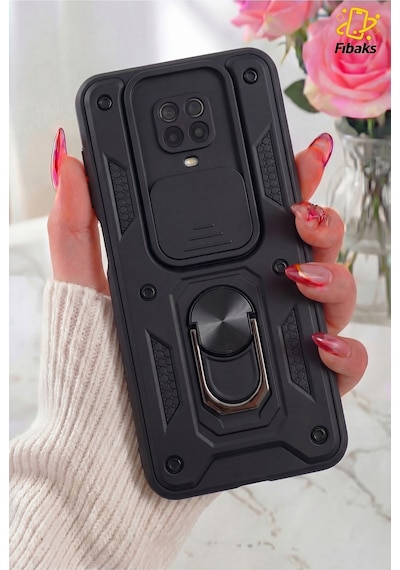 Fibaks Redmi Note 9 Pro/9s Uyumlu Kılıf Kamera Korumalı Sürgülü Yüzüklü Armor Tank Zırh Stand