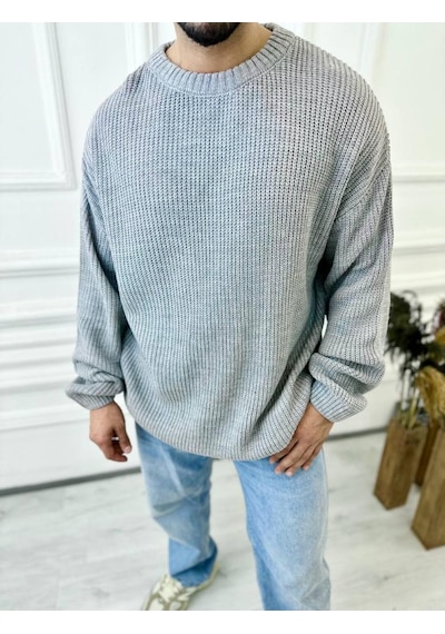 Elku Moda Kazak Oversize Çift Kat Örme Naturel Pamuk Bol Kesim Tüylenmeyen Salaş Triko Kazak Gri