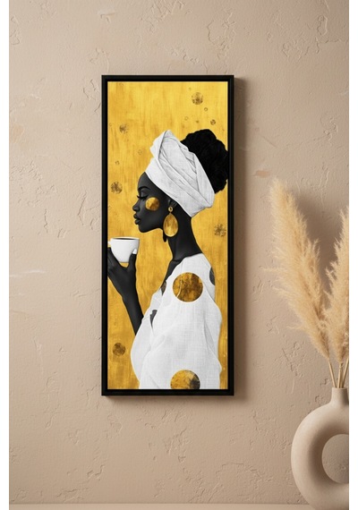 Afrikalı Kadın Kahve Temalı Dekoratif Duvar Tablosu 25x60 Cm Siyah Çerçeveli Modern Dikey Tablo