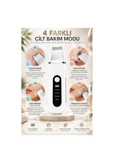 Robeve Auhma Ahb-13 Ultrasonik Cilt Temizleme Ve Yüz Bakım Cihazı 4 Modlu Iyon Teknolojili Cilt Spatulası, Siyah Nokta Ve Gözenek Temizleyici, Masaj Modu, Yüz Masaj Aleti Spatula Yüz Temizleme