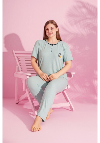 Rindahomewear Büyük Beden Fitilli Kısa Kol Pijama Takımı Haki