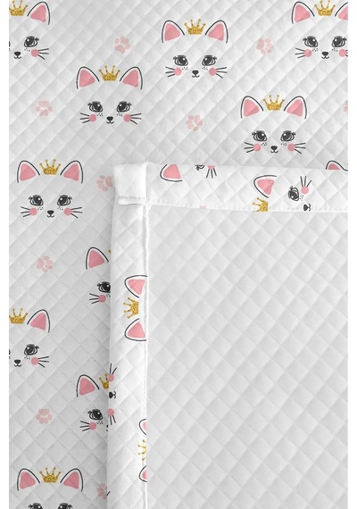 Evimde Bambaşka Kedi Beyaz Kız Çocuk Pike Takımı - Sevimli Minimal Pembe Altın Bebek Odası Yatak Örtüsü - 160x220  CM