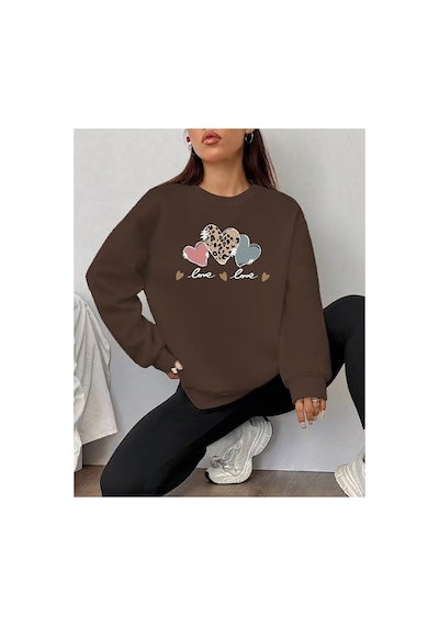 Herkesemoda Love Baskı Detaylı Bisiklet Yaka Sweatshirt Kahverengi