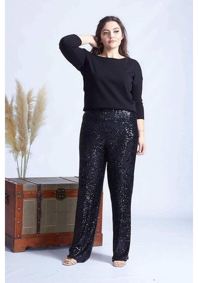 Moda Berray 4024 Siyah Payetli Büyük Beden Pantolon Siyah