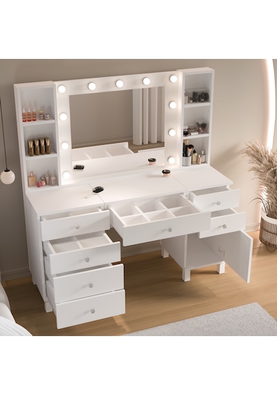 Robin Home Hollywood Makyaj Masası 7 Çekmece Kapaklı Düzenleyici Hollywood Led Işıklı Raflı Beyaz Robin Home Hollywood Makyaj Masası 7 Çekmece Kapaklı Düzenleyici Hollywood Led Işıklı Raflı Beyaz