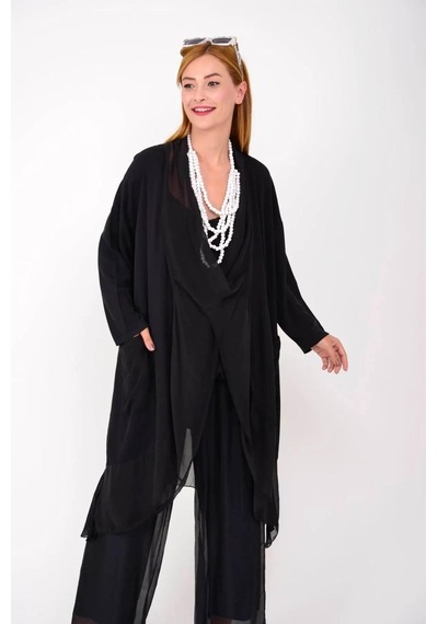 Italyan Ipek Detaylı Oversize Kap Bluz- Wes Pantolon Takım Siyah