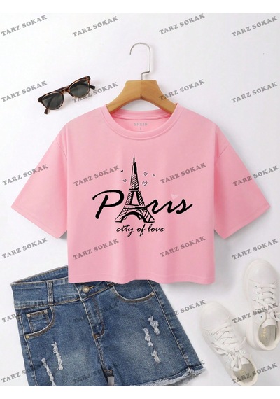Flood Of Style Crop Ckod-232913 Eyfel Kulesi Yazılı Baskılı Kısa Pembe