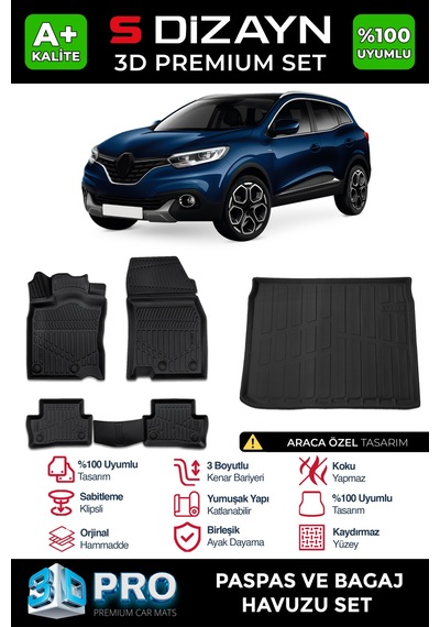 S-dizayn Renault Kadjar 3d Pro Havuzlu Paspas Ve Bagaj Havuzu Seti 2'li Set 2015 Üzeri A+ Kalite