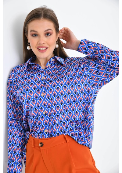 Saks Desenli Oversize Uzun Kol Basic Saten Gömlek 001