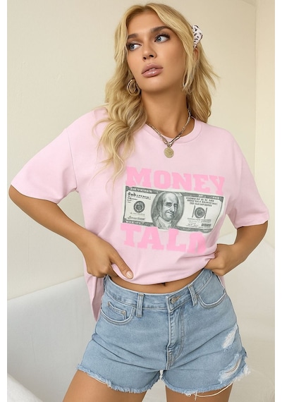 Money Talk Baskılı Unisex Tişört Pembe