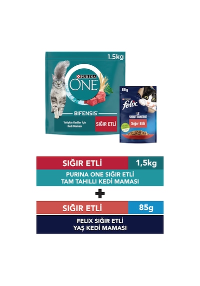 Purina One Sığır Etli Yetişkin Kedi Maması 1500 G + Sığır Etli Yetişkin Kedi Yaş Mama 85 G