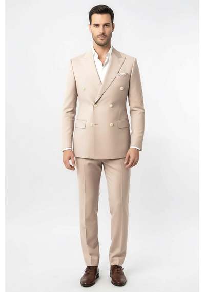 Gümüş Renk Metal Düğmeli Modern Fit Kruvaze Bej Erkek Takım Elbise Wessi Krem