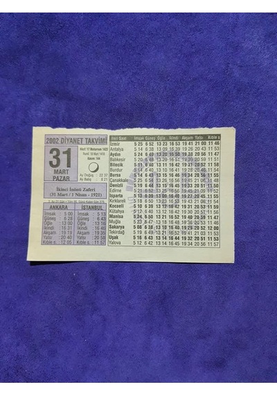 31 Mart 2002 Takvim Yaprağı - Nostalji Koleksiyonluk Takvim Yaprağı