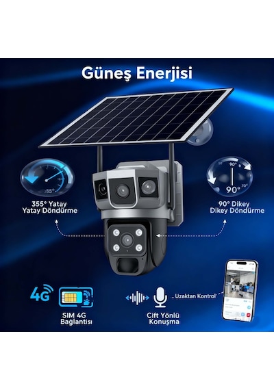 4g Sım Solar Panelli Güneş Enerjili Su Geçirmez 6mp 3 Kameralı Güvenlik Kamerası V380 Pro