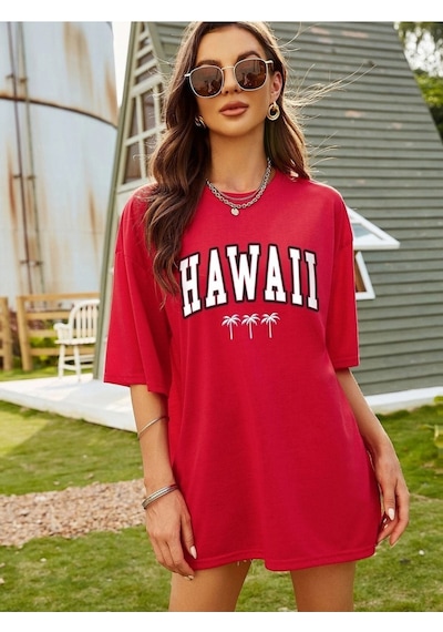 Hawaii T-shirt - Kırmızı Baskılı Oversize Bisiklet Yaka Kısa Kol Tişört Kirmizi