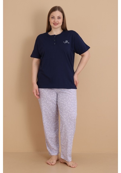 Wordex Mirano 4514 Çiçekli Kısa Kollu Pamuklu Penye Büyük Beden Kadın Pijama Takımı Lacivert Wordex Mirano 4514 Çiçekli Kısa Kollu Pamuklu Penye Büyük Beden Kadın Pijama Takımı Lacivert
