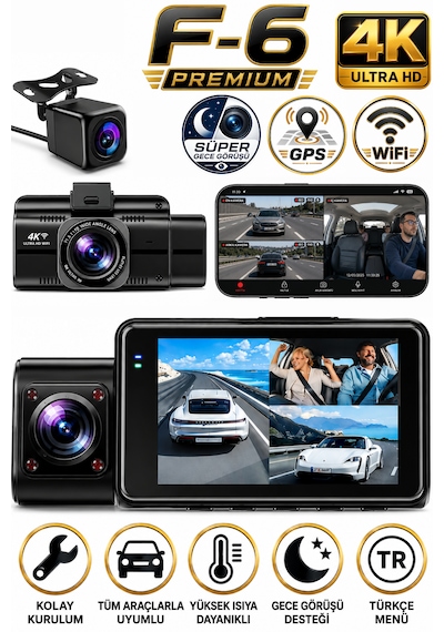 4k Araç İçi Kamera 3 Kameralı Ön-arka-iç Wifi Gps Park Modu Gece Görüşlü Araç İçi Kamera F6 Dash Cam