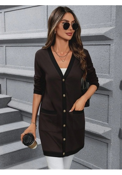 Defymoda Kadın Uzun Kollu Cepli Önden Düğmeli Uzun Modal Ceket Hırka Kahve