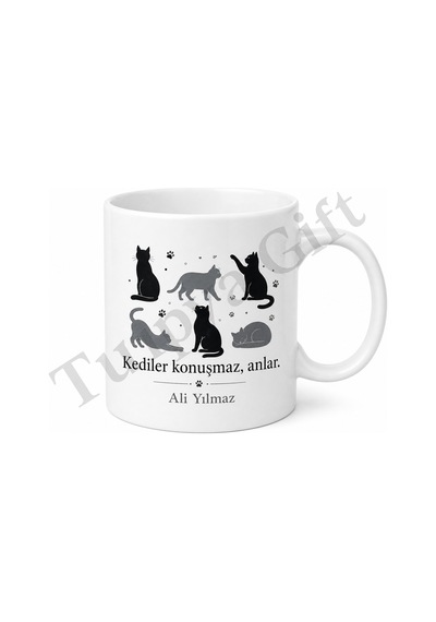 Kedili Kupa Bardak Baskılı Kedi Severler İçin Hediye Porselen Mug Beyaz / Çok Renkli